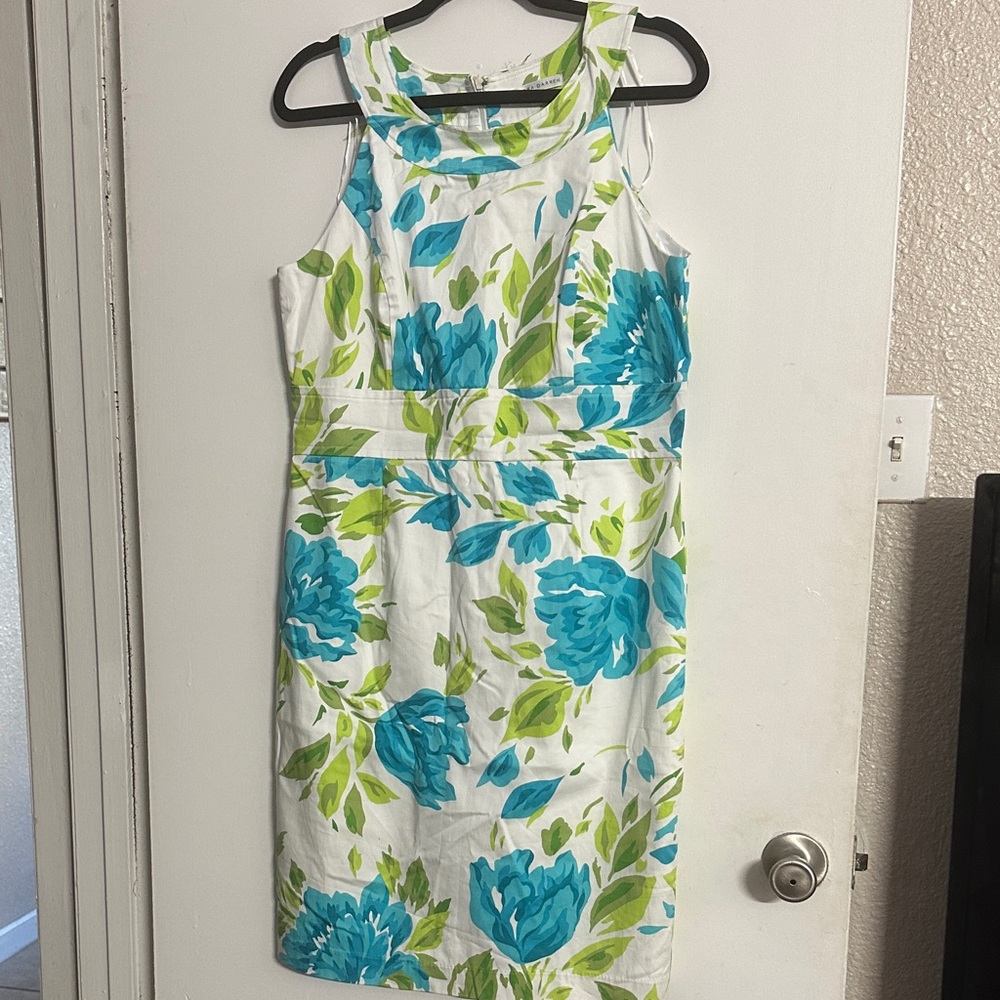 Sandra Darren White Midi Dress with Blue and Green Floral Design